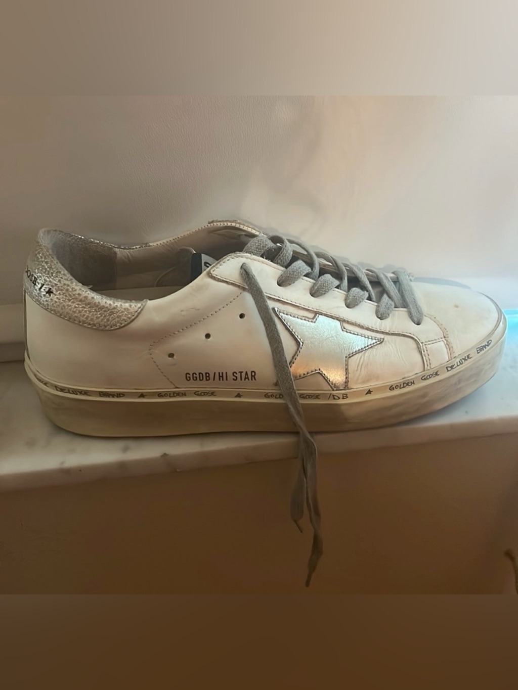 Golden Goose White Leather Hi Star Platform Sneakers With Silver Star Size 39